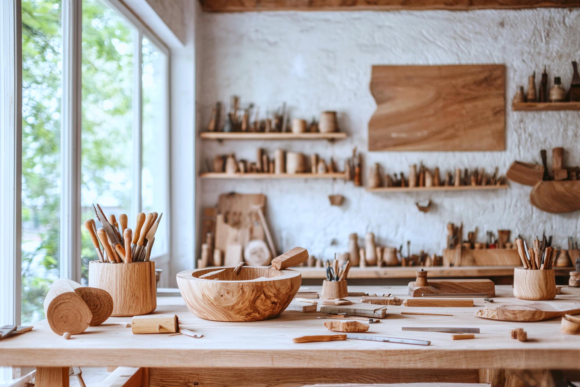 Stoły warsztatowe i sprzęt kuchenny w atelier
